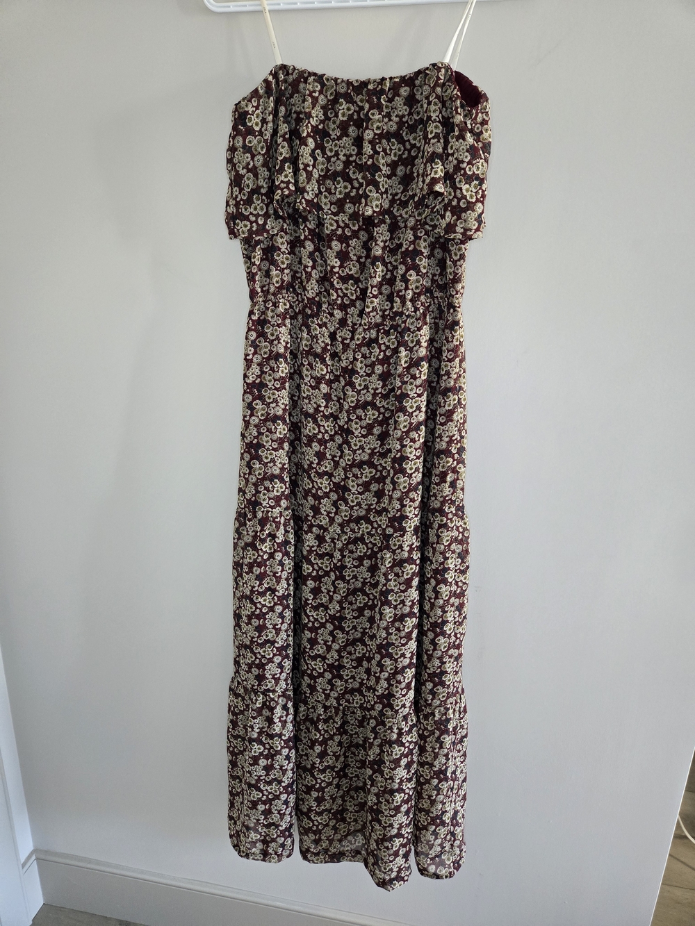 J.O.A strapless moody floral maxi dress, burgundy + cream, ruffle top, med + new